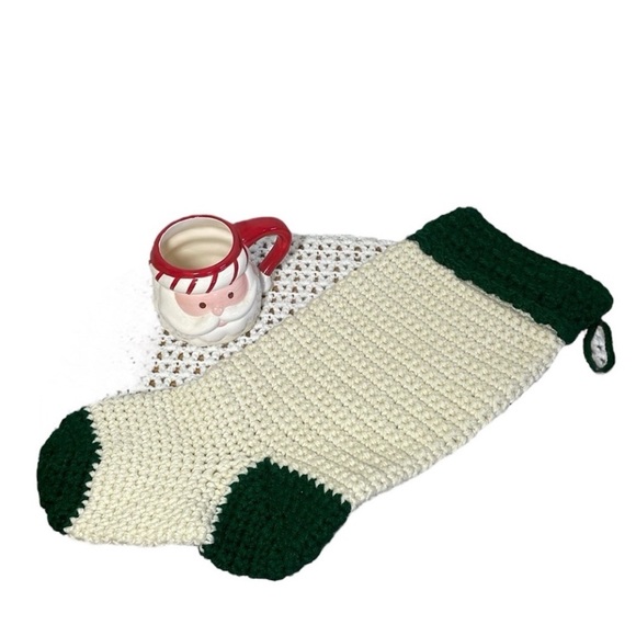 Handmade Crochet Christmas Stocking Cream Green Chunky Knit 2 Skein Christmas - Picture 14 of 17